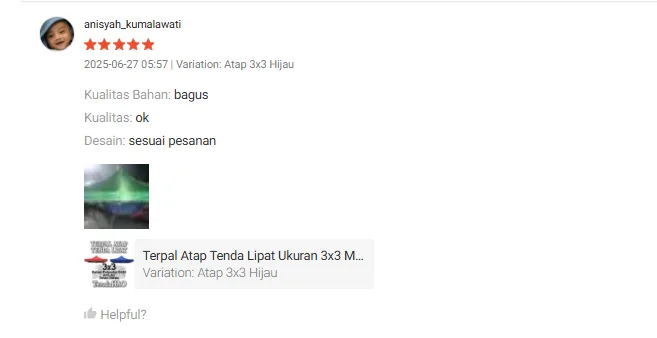 Ulasan 5 bintang anisyah_kumalawati: Kualitas bahan bagus, sesuai pesanan, Terpal Atap Hijau 3x3