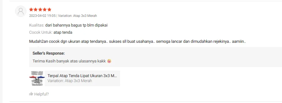 Ulasan 5 bintang: Sukses selalu untuk usahanya, Terpal Atap 3x3 Merah