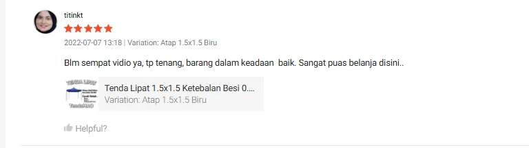 Ulasan 5 bintang titinkt: Sangat puas belanja disini, Tenda Lipat 1.5x1.5 Biru